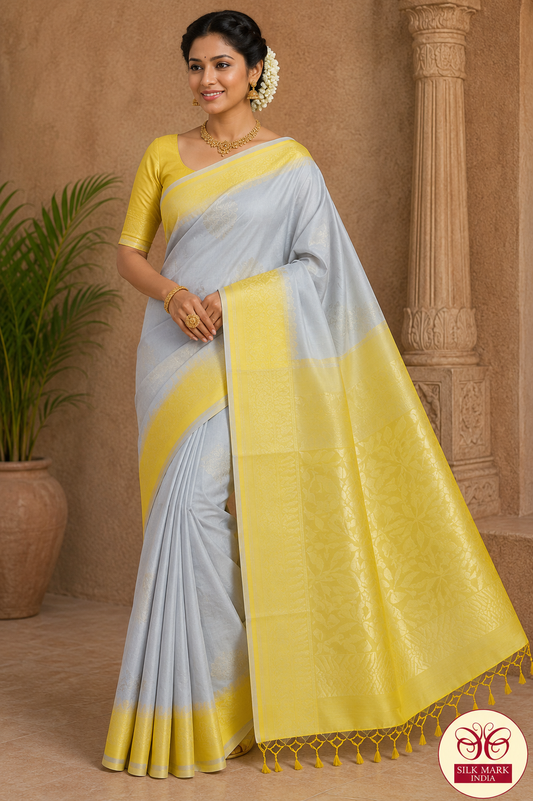Pure Handloom Soft Silk Saree – Silver Grey & Sunshine Yellow Elegance