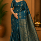 Deep Teal Green with Antique Gold Zari Floral Pallu | Borderless