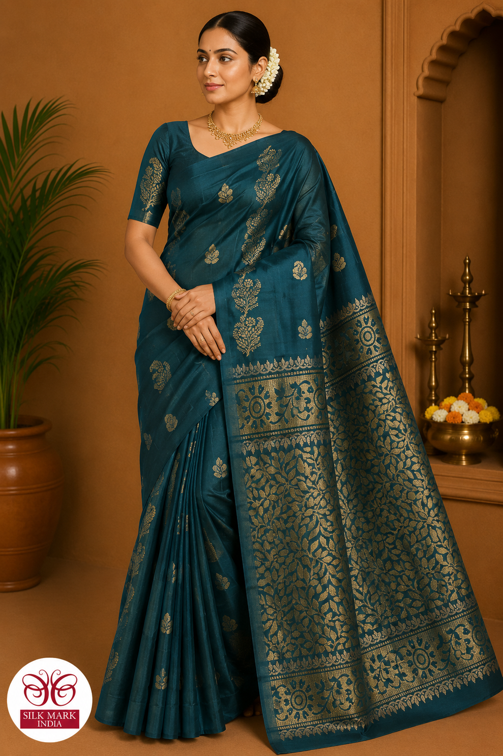 Deep Teal Green with Antique Gold Zari Floral Pallu | Borderless