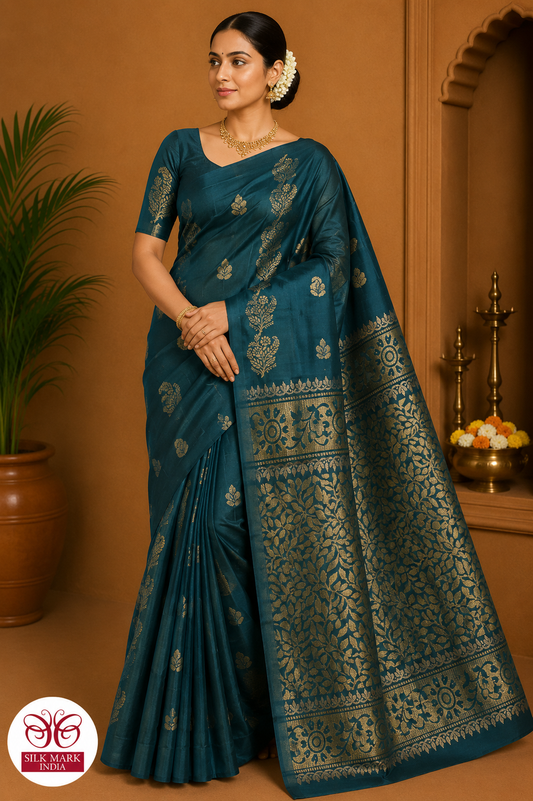 Deep Teal Green with Antique Gold Zari Floral Pallu | Borderless