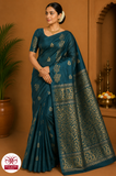 Deep Teal Green with Antique Gold Zari Floral Pallu | Borderless