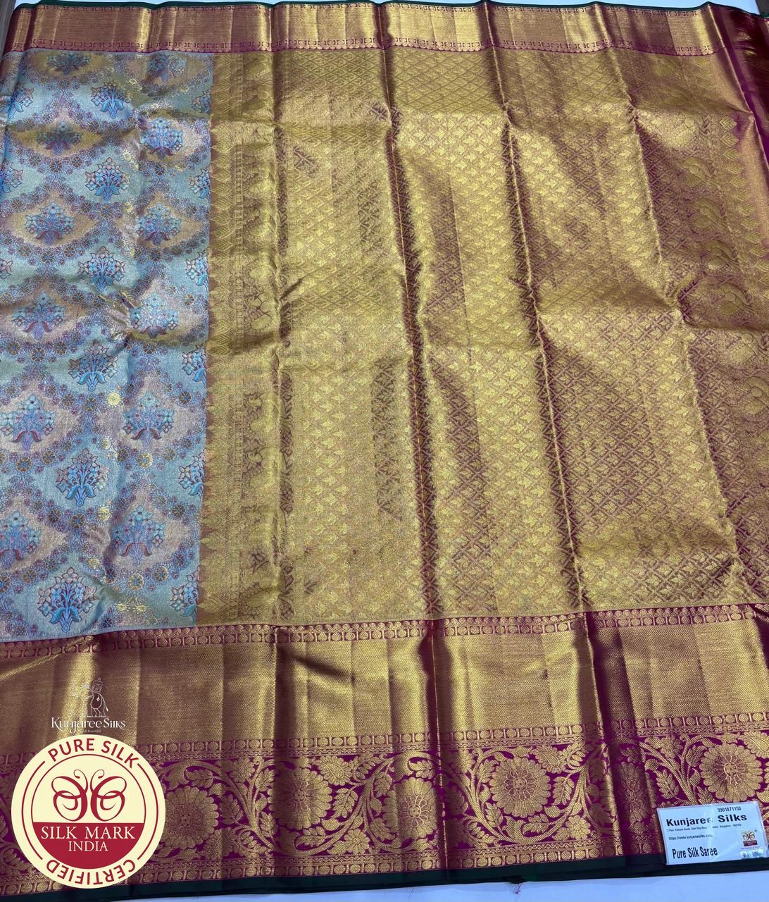 Dual Tone Gold  blue Meenakari design Kanjivaram Pure Silk Saree