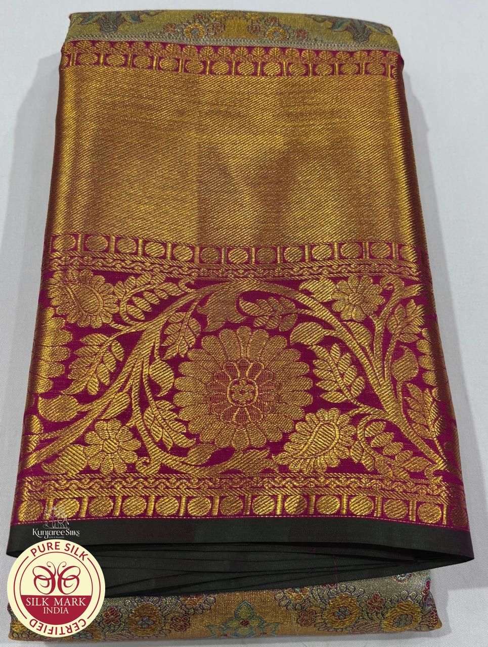 Dual Tone Gold  blue Meenakari design Kanjivaram Pure Silk Saree