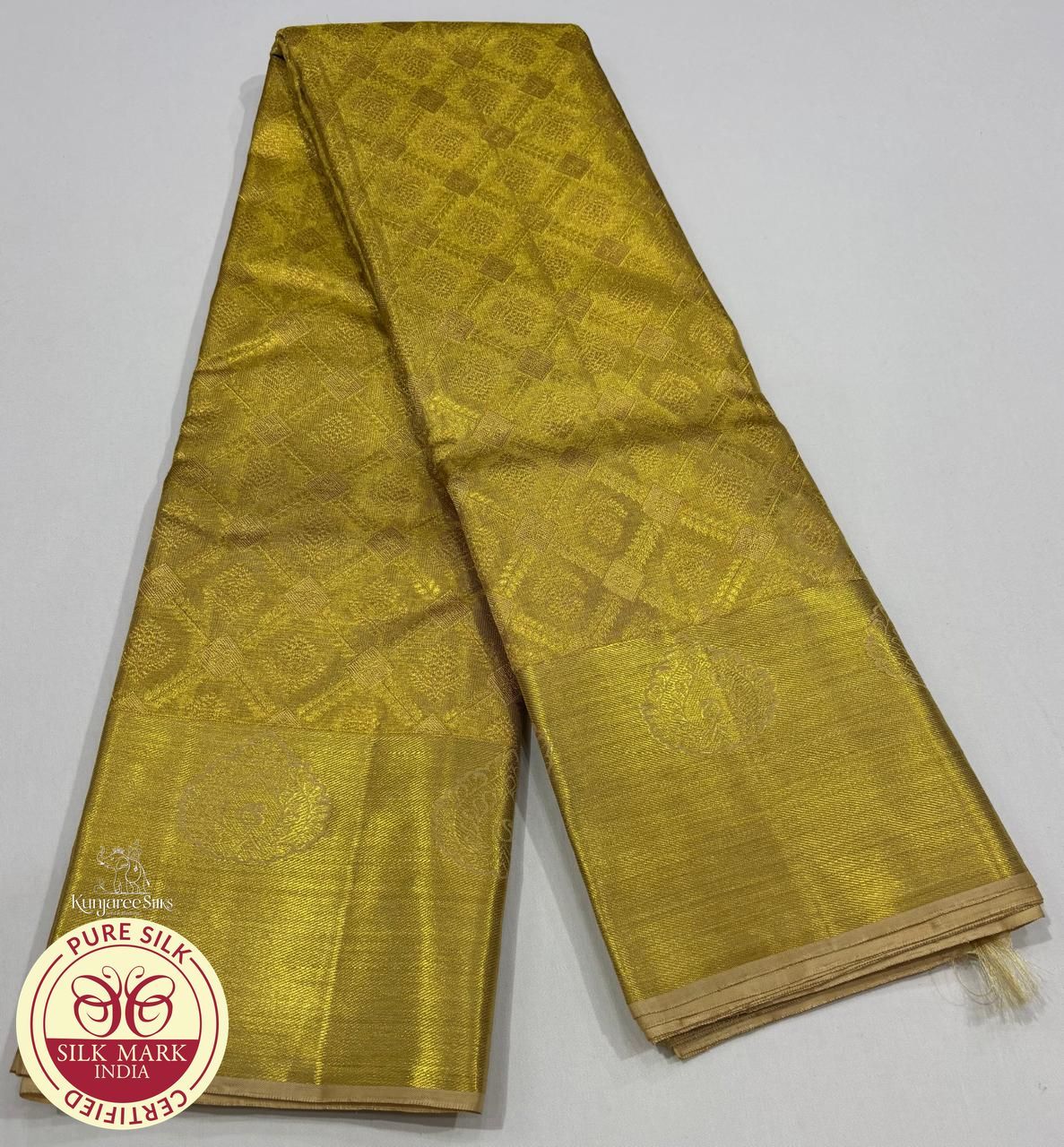 Pure Handloom Kanjivaram Silk Bridal Saree in Rich Antique Gold with All-Over Geometric Zari Weave & Paisley Pallu
