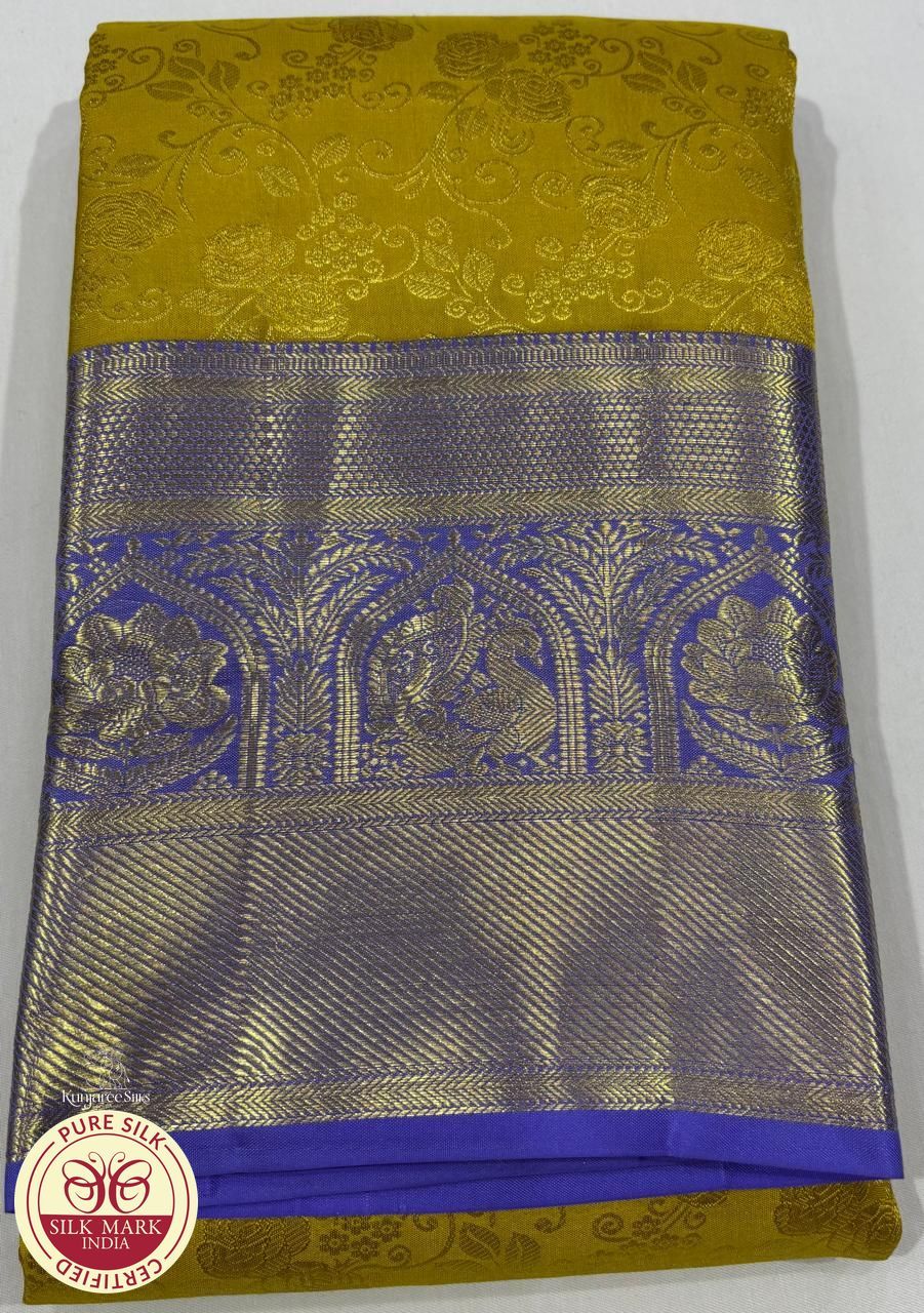 Dark Yellow with Purple Colour Brocade Kanjivaram Pure Silk Saree