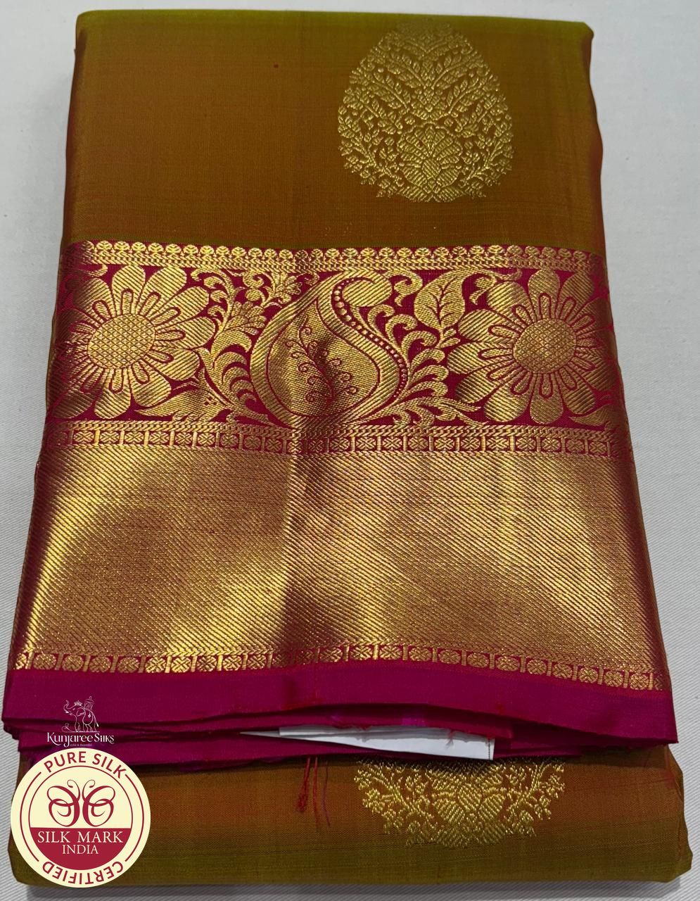 Kanjivaram Dual Tone Saree – Olive Gold Body with Rani Pink Rich Zari Pallu