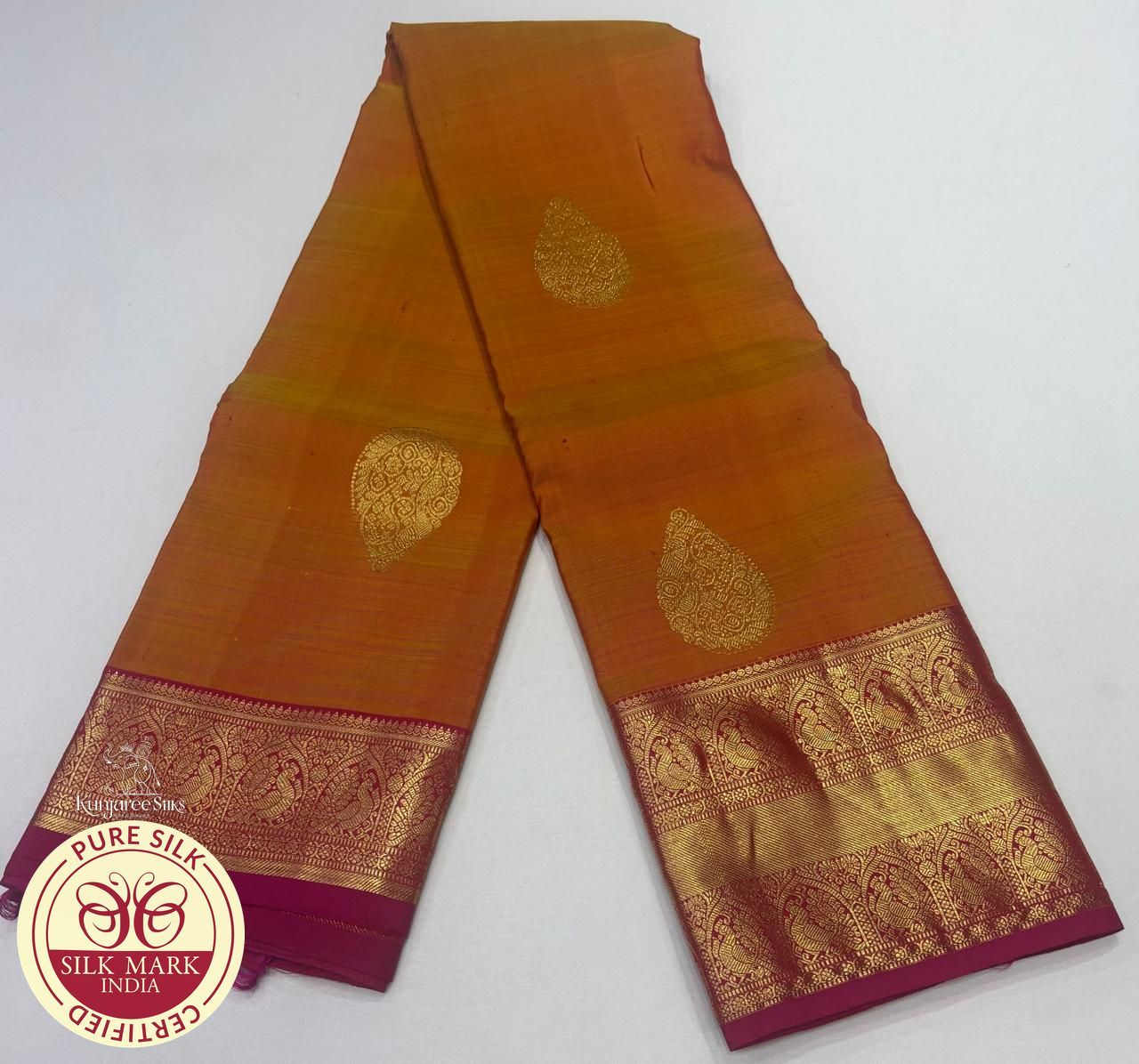 Dual-tone Brownish orange with  Hot Pink Pure Silk Kanjivaram Saree