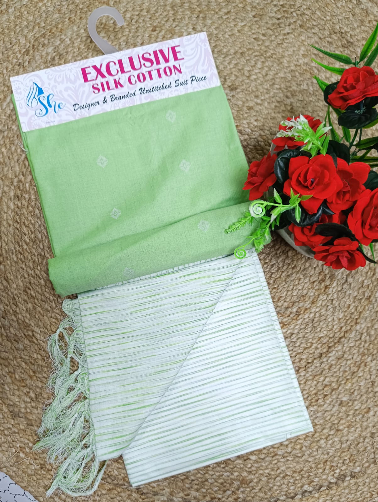 Elegant Pastel Mint Green Silk Cotton Salwar Suit Set with Striped Dupatta.