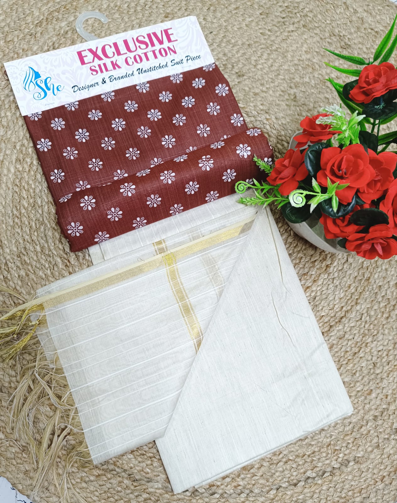 Rust Floral Silk Cotton Suit Set with Off-White Dupatta & Salwar