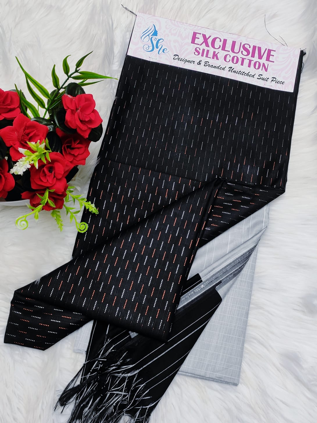 Elegant Black Silk Cotton Suit Set with Subtle Ikkat Lines & Striped Dupatta