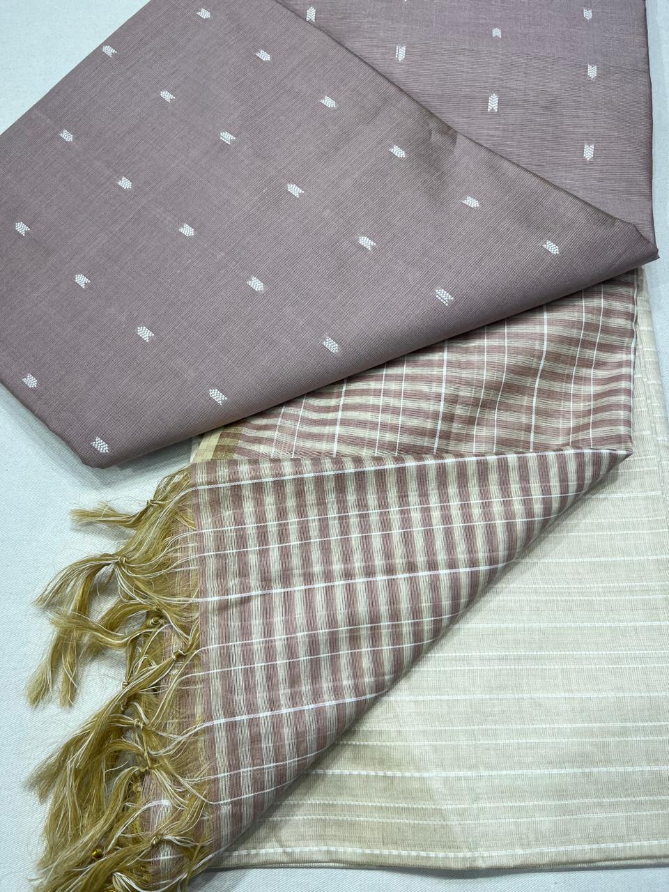 Mauve Taupe shade Silk Cotton Suit Set with Striped Dupatta & Off-White Salwar