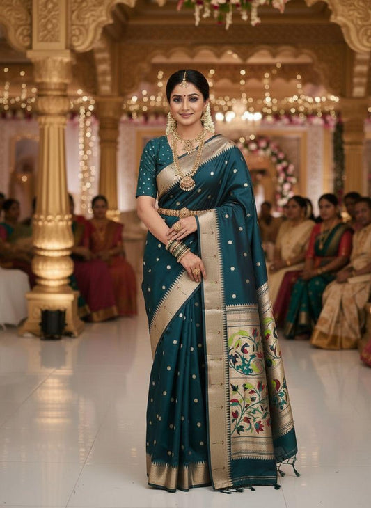 Deep Teal Green Paithani Silk Saree
