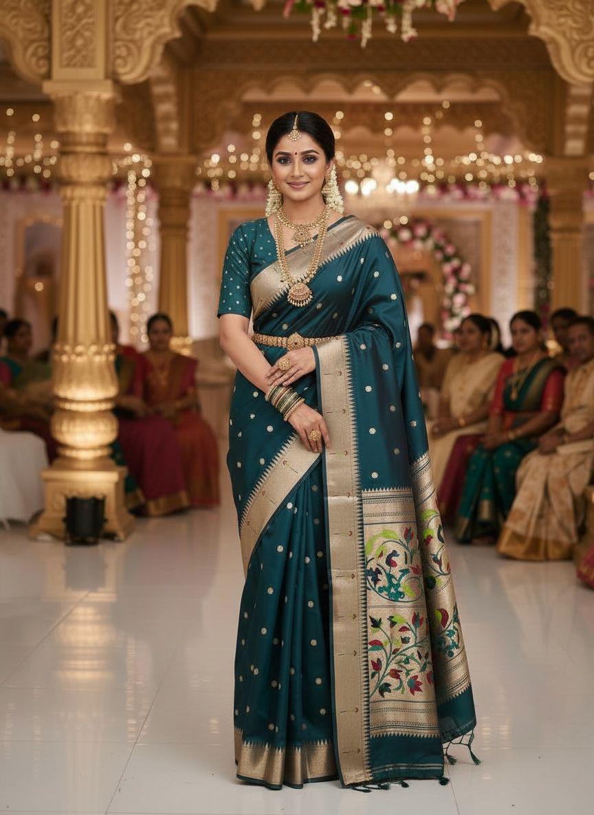Deep Teal Green Paithani Silk Saree