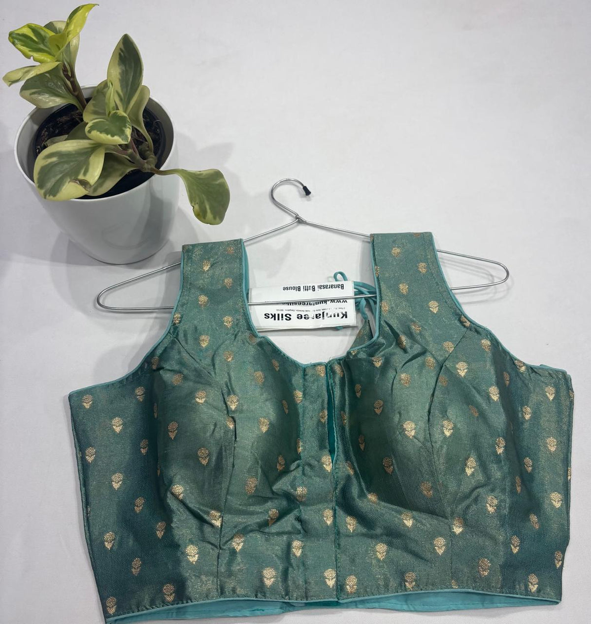 Teal Green Zari Butta Ready-Made Stretchable Blouse (32–42 Size) with Attached Sleeves