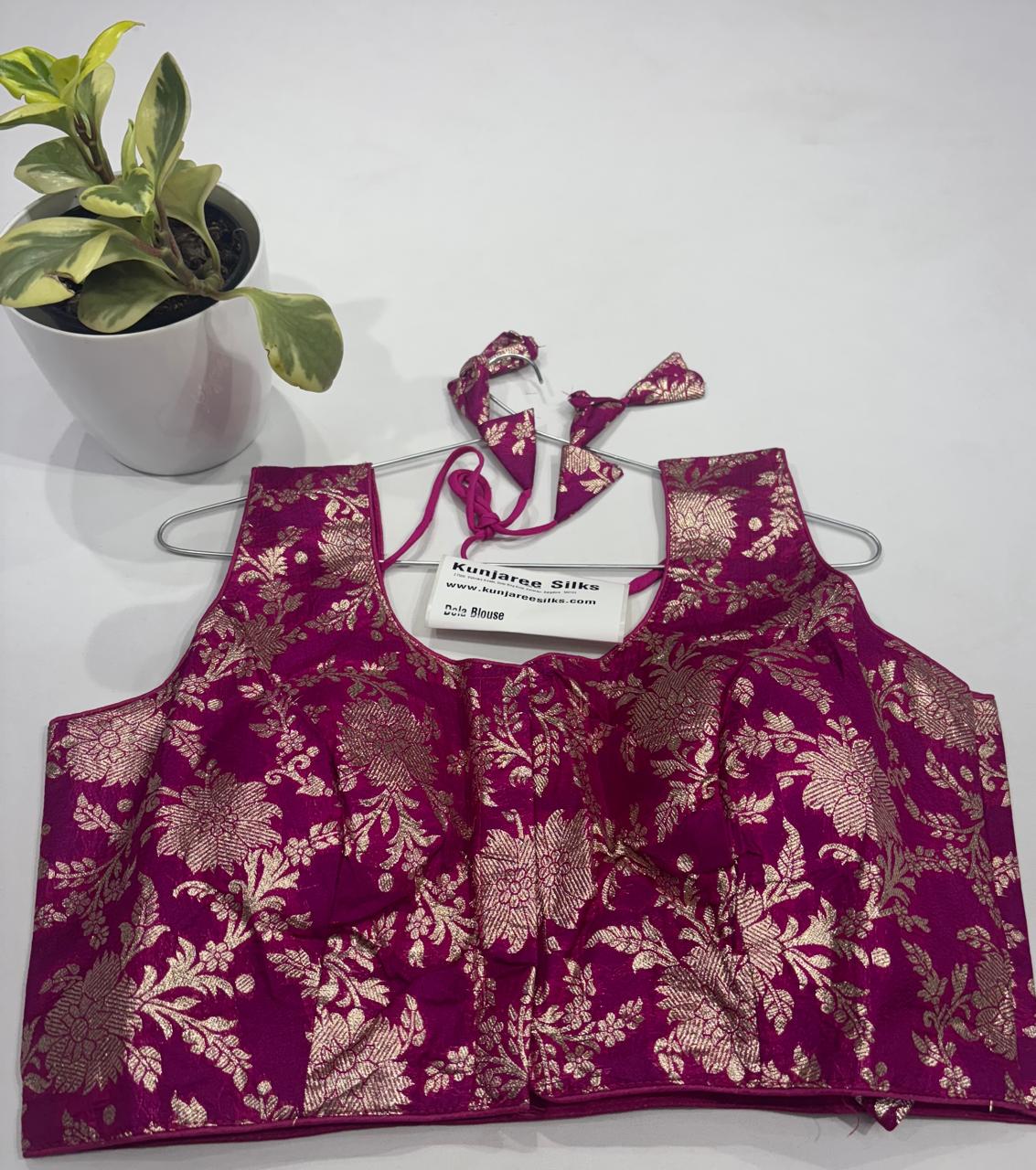 Magenta pink Banarasi Brocade Ready-Made Stretchable Blouse (32–42 Size) with Attached Sleeves
