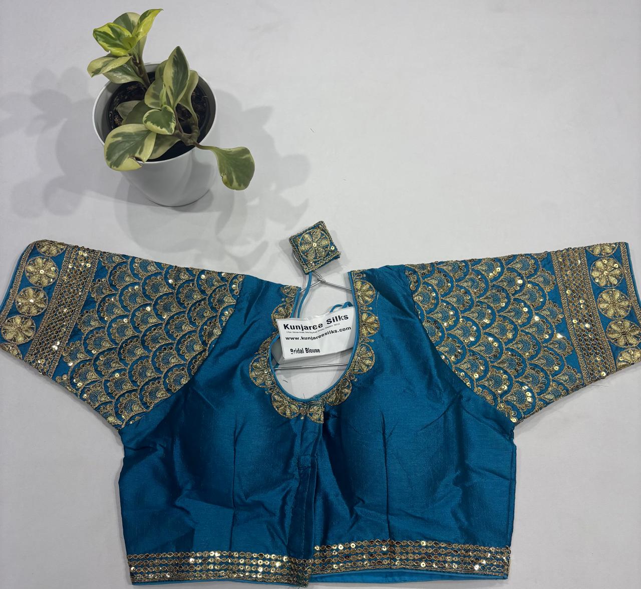 Peacock Blue with Sleeve Bridal Readymade Blouse (32–42 Size Extendable)