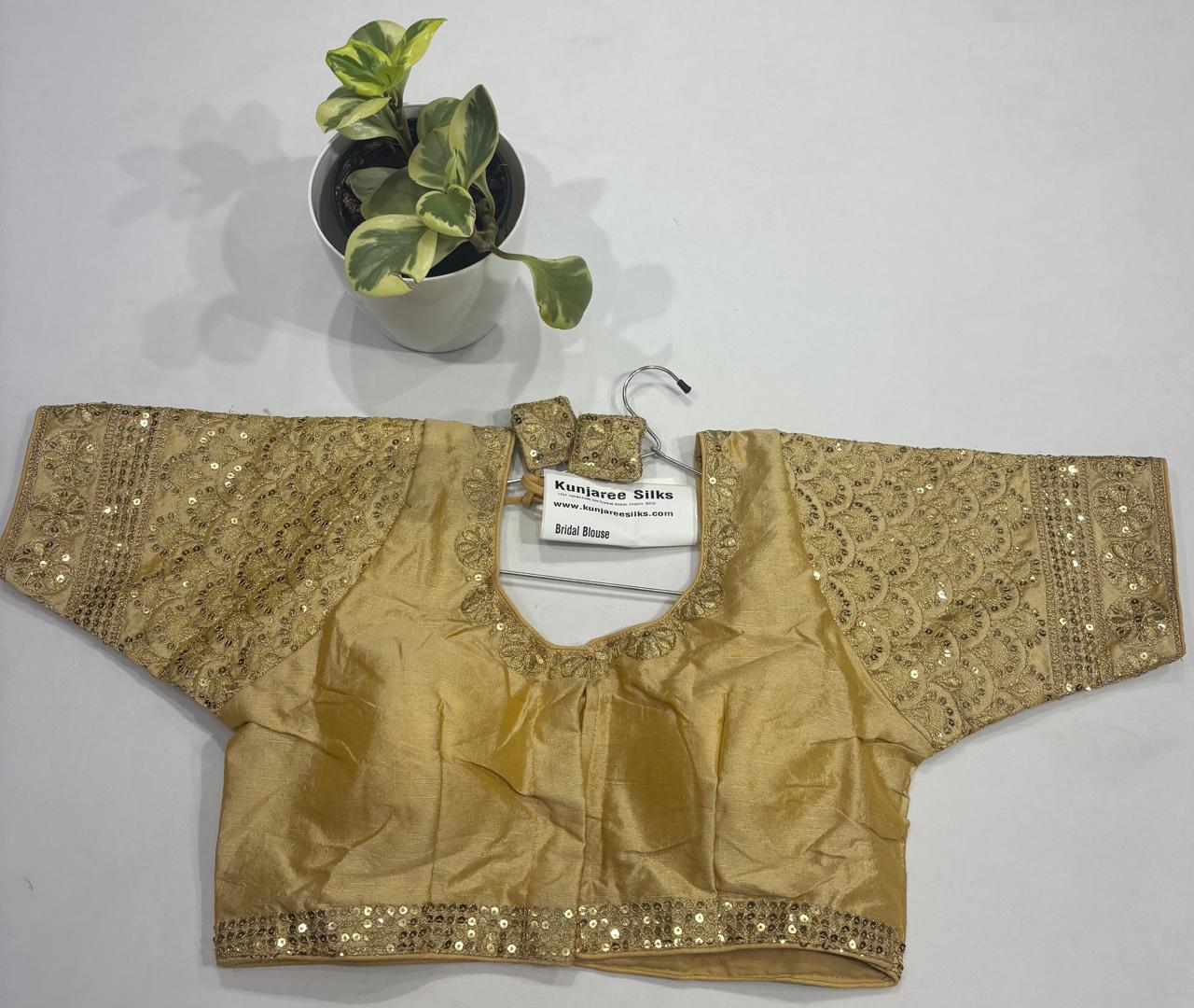 Antique Gold Bridal Readymade Blouse with sleeve (32–42 Size Extendable)