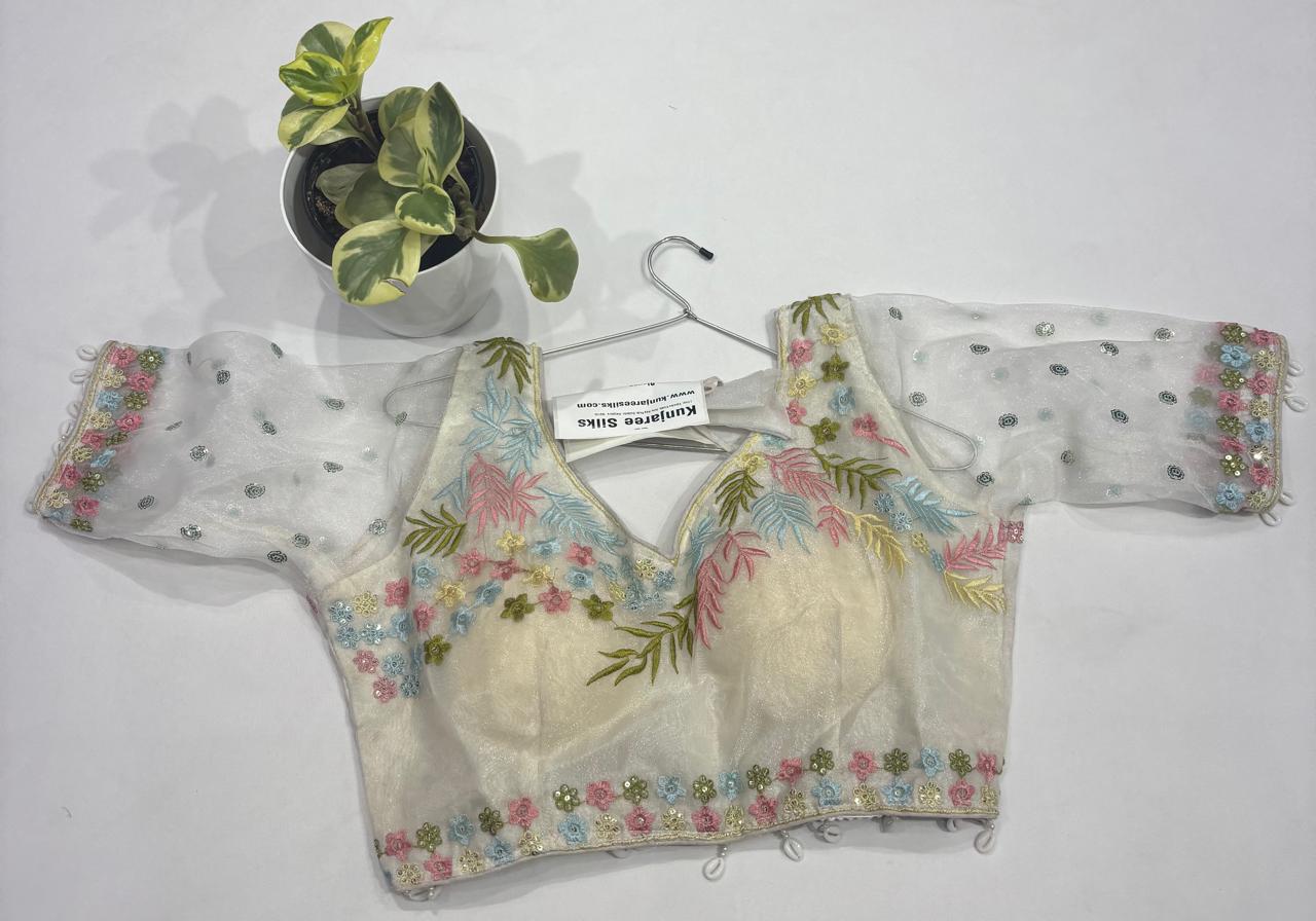 Off White Organza Bridal Readymade Blouse with  Floral Embroidery Sleeves