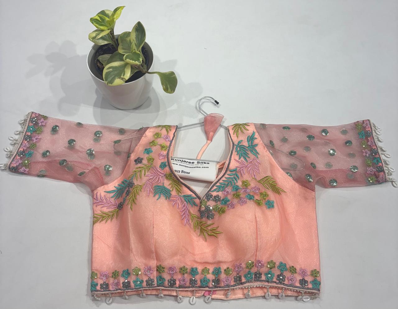 Peach Organza Bridal Readymade Blouse with Floral  Sleeves