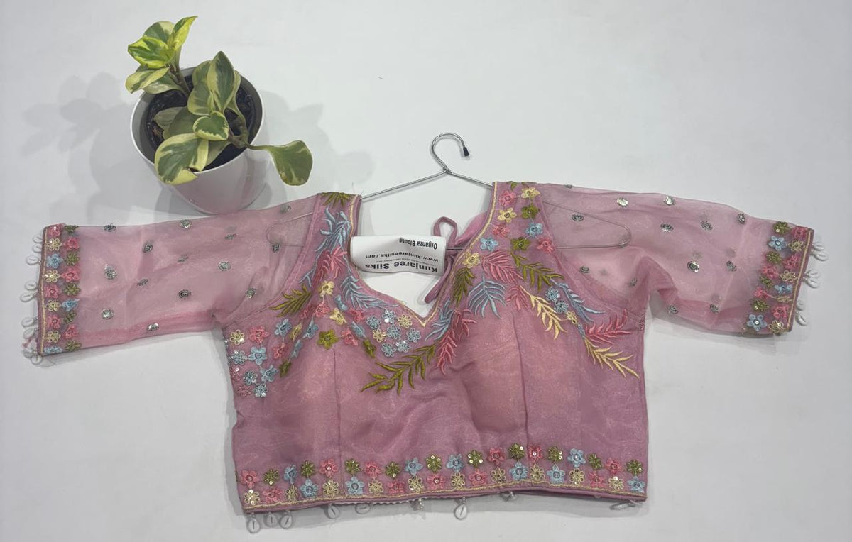 Dusty Pink Organza Bridal Readymade Blouse with Pastel Floral Embroidery Sleeves