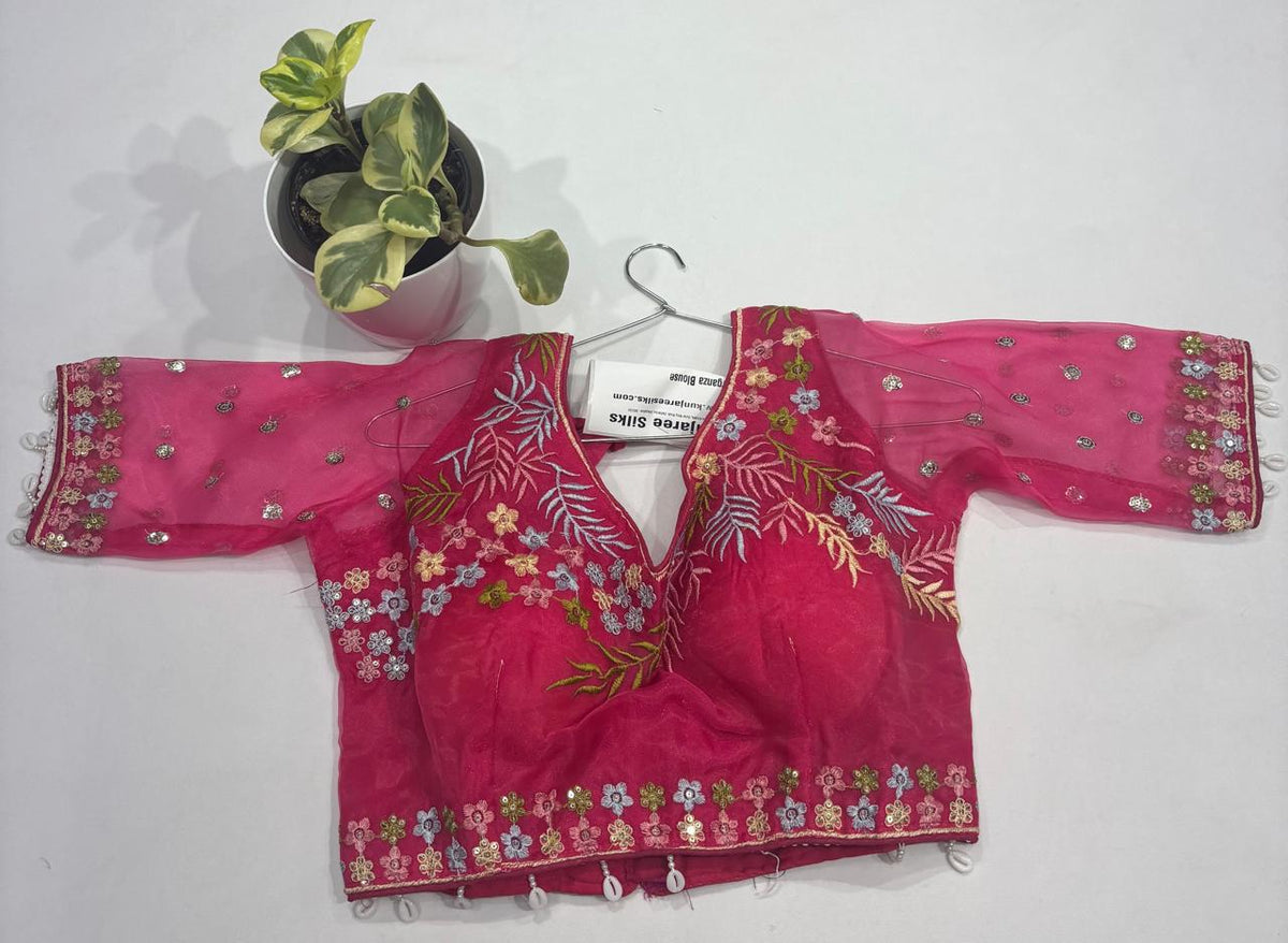 Hot Pink Organza Bridal Readymade Blouse with Pastel Floral Embroidery Sleeves