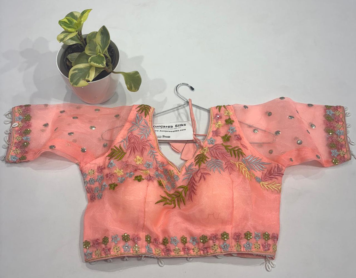 Peach Pink Organza Bridal Readymade Blouse with Pastel Floral Embroidery Sleeves.