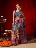 Elegant Grey Tissue Ready-to-Wear Saree with Artistic Floral Pall
