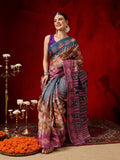 Elegant Grey Tissue Ready-to-Wear Saree with Artistic Floral Pall