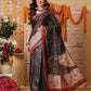 Elegant Charcoal Grey Tissue Ready-to-Wear Saree with Floral Printed Pallu