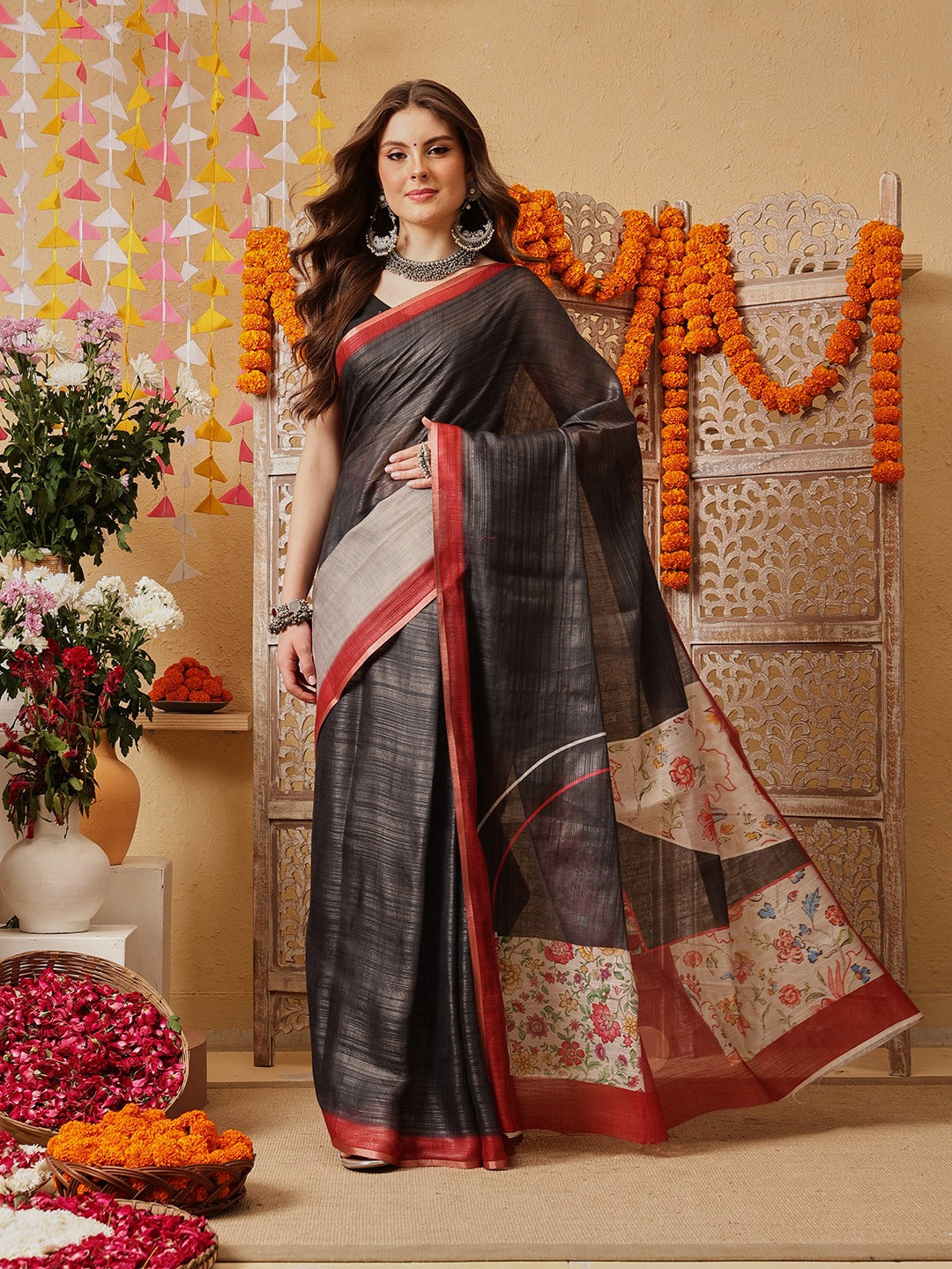 Elegant Charcoal Grey Tissue Ready-to-Wear Saree with Floral Printed Pallu