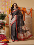 Elegant Charcoal Grey Tissue Ready-to-Wear Saree with Floral Printed Pallu
