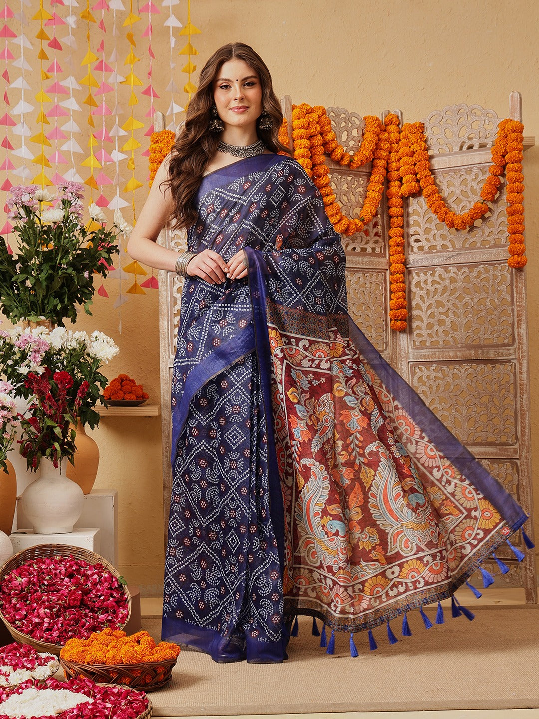 Royal Navy Blue Silk Cotton Ready-to-Wear Saree with Bandhani Print & Artistic Pallu