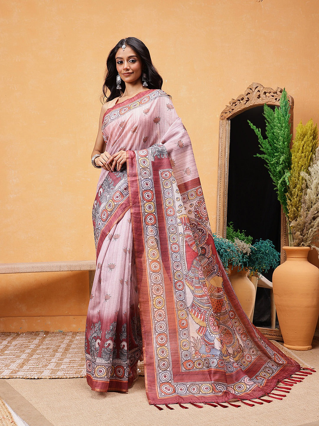 Graceful Dusty Pink Ready-to-Wear Saree with Kalamkari Pallu