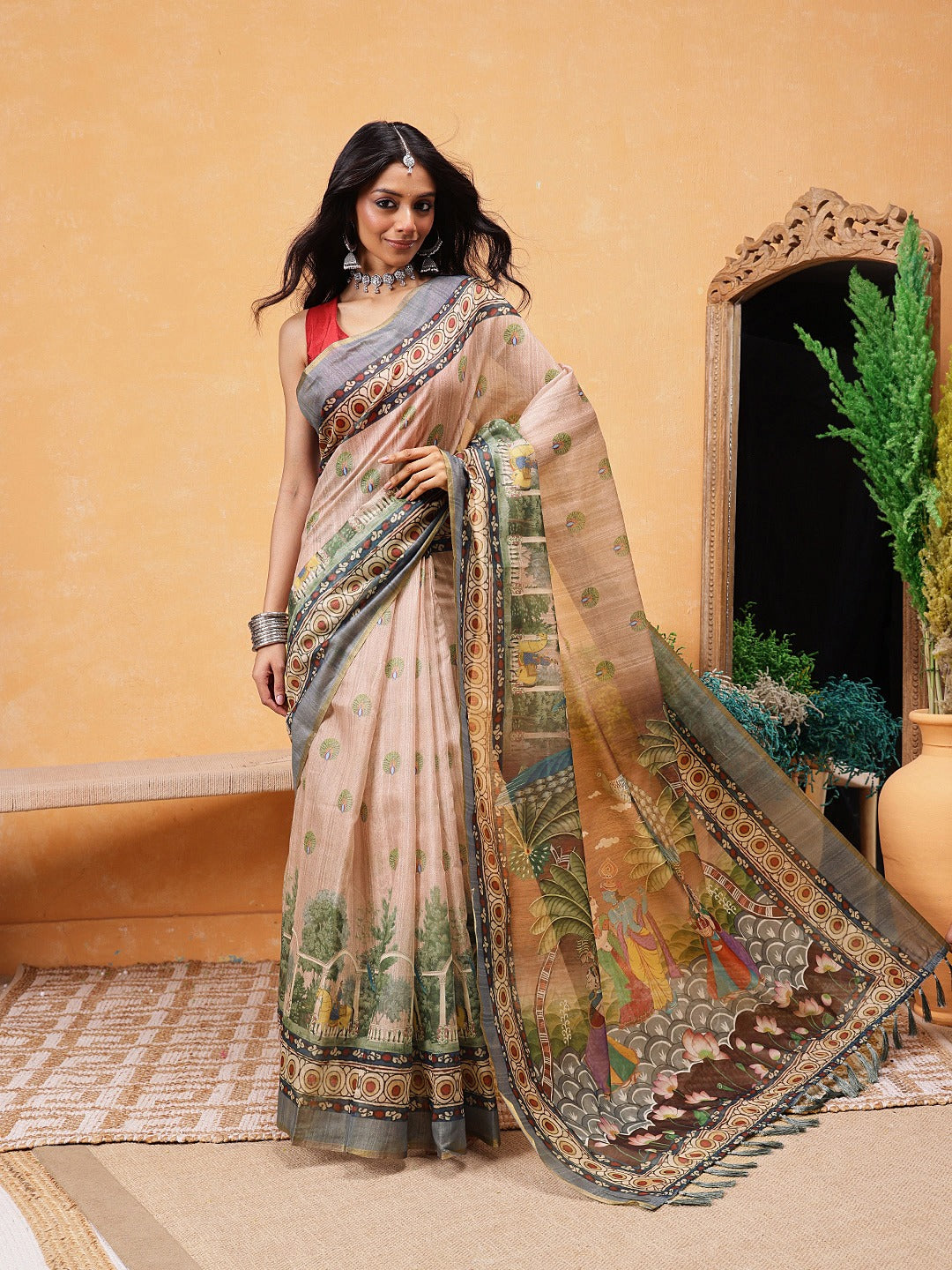 Elegant Beige Ready-to-Wear Saree with Kalamkari Art Pallu