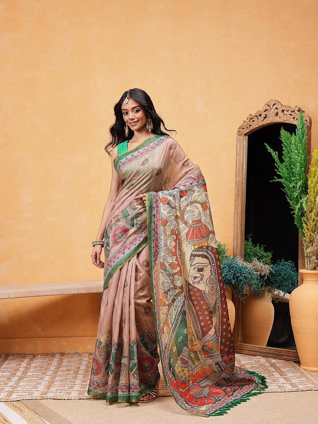 Elegant Beige Ready-to-Wear Saree with Kalamkari Figure Art Pallu