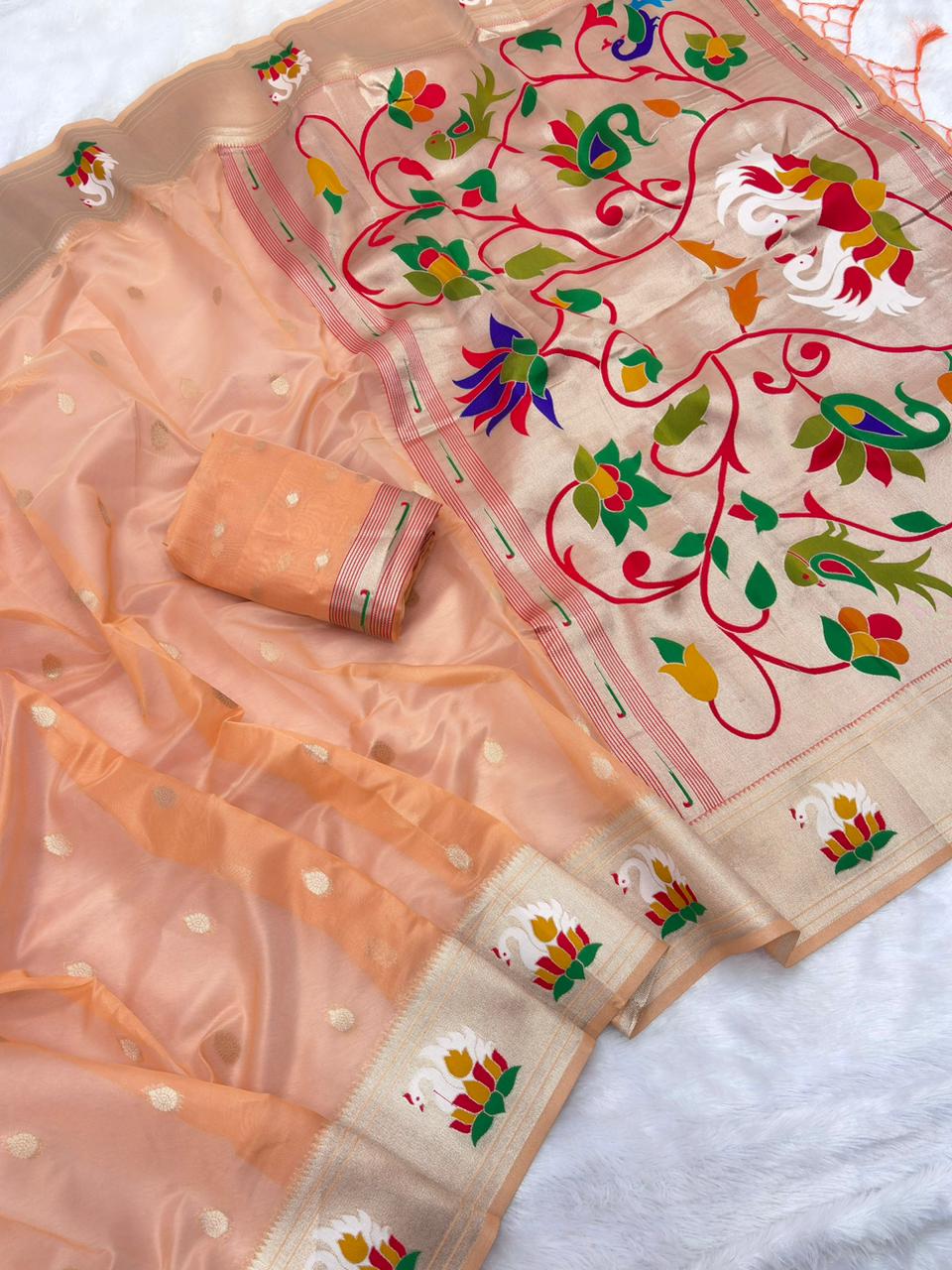 Peach Organza Silk Saree