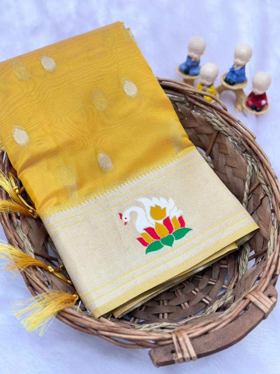 Mustard Yellow Organza Silk Saree