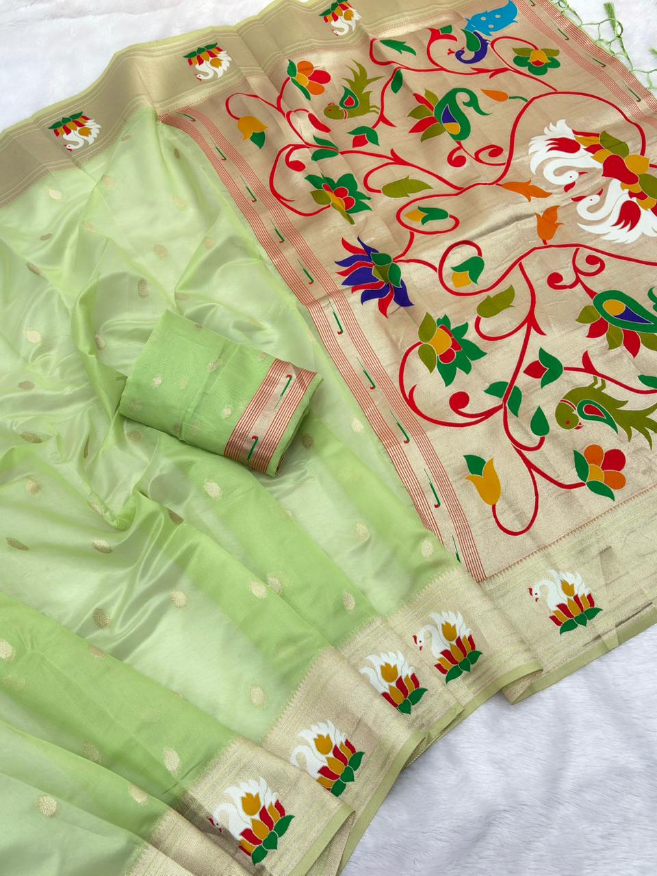 Pastel Pista Green Organza Silk Saree