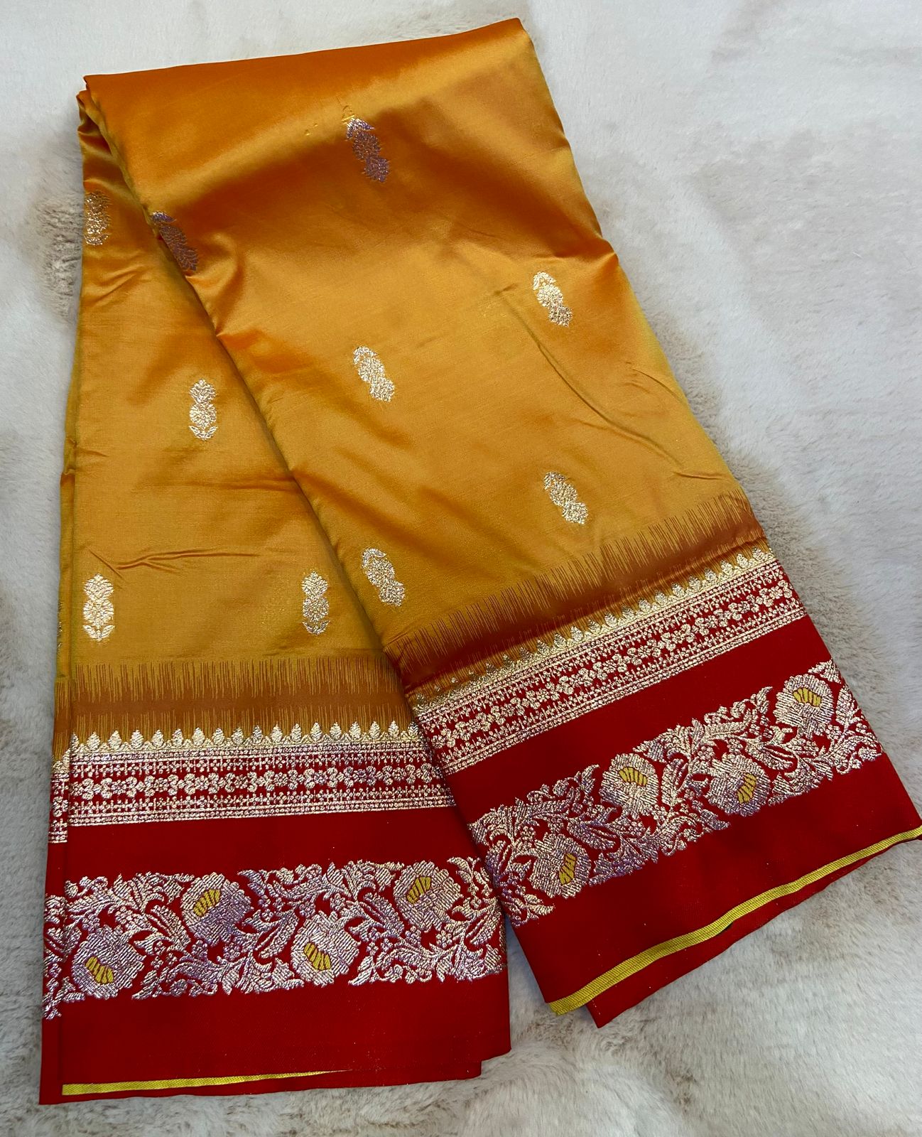 Royal Mustard Gold Soft Silk Saree with Contrast Red Zari Border