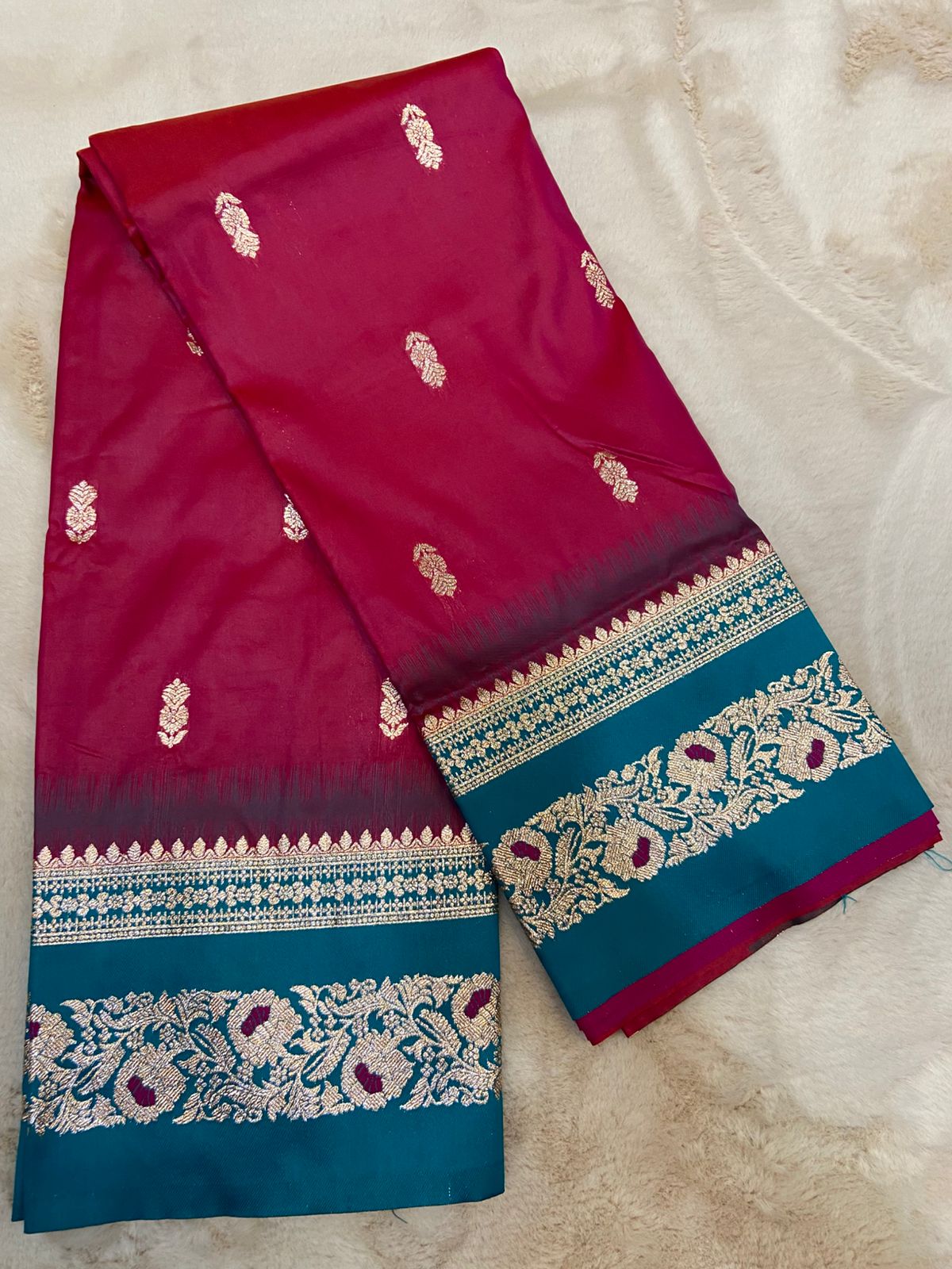 Rani Pink Soft Silk Saree with Peacock Blue Zari Border