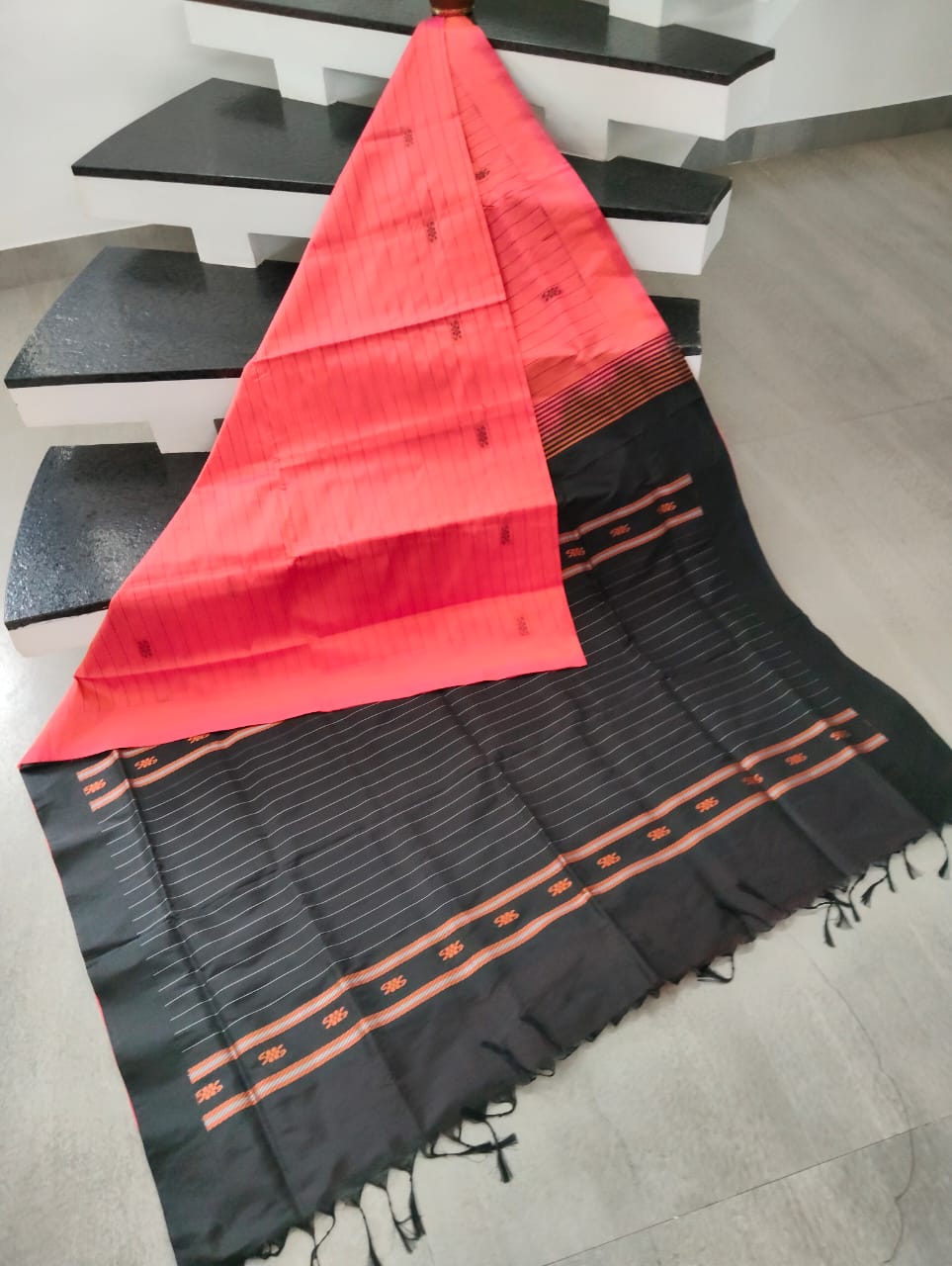 Peach Coral Pink & Black Banana Silk Saree with Thread Butta