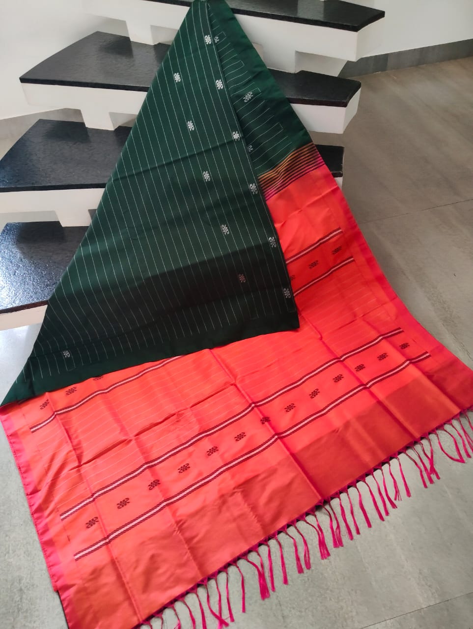 Bottle Green & Coral Pink Banana Silk Saree with Thread Butta