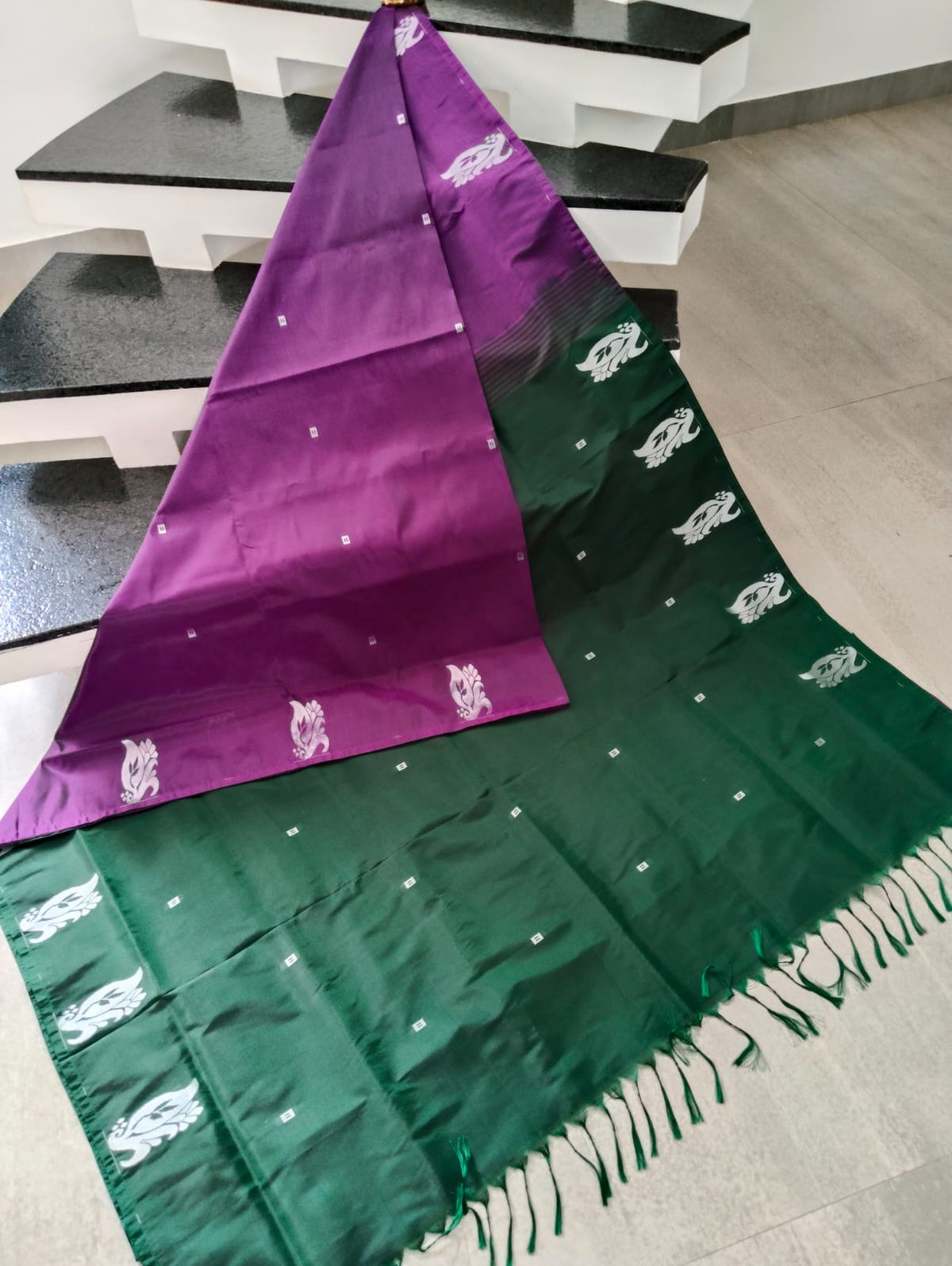 Purple & Bottle Green Banana Silk Saree with White Floral Thread Butta