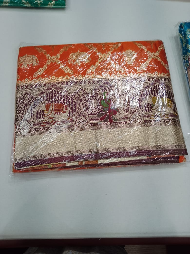 Bridal Orange Banarasi Silk Saree with Wine Zari Peacock & Elephant Border