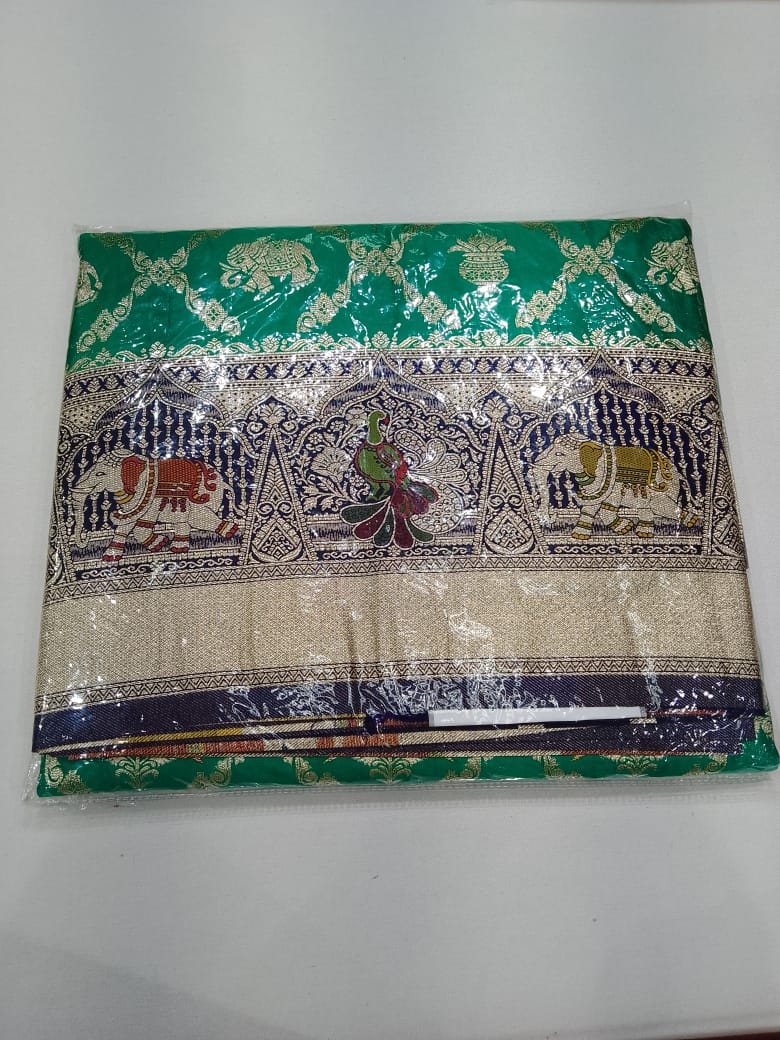 Bridal Emerald Green Banarasi Silk Saree with Royal Blue Silver Zari Border