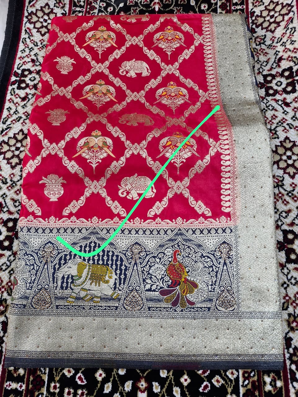 Bridal Red Banarasi Silk Saree with Dark Blue Zari Elephant Border
