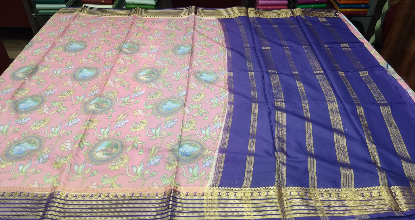 Mysore Silk Kalamkari Saree in Pastel Pink with Royal Blue Pallu