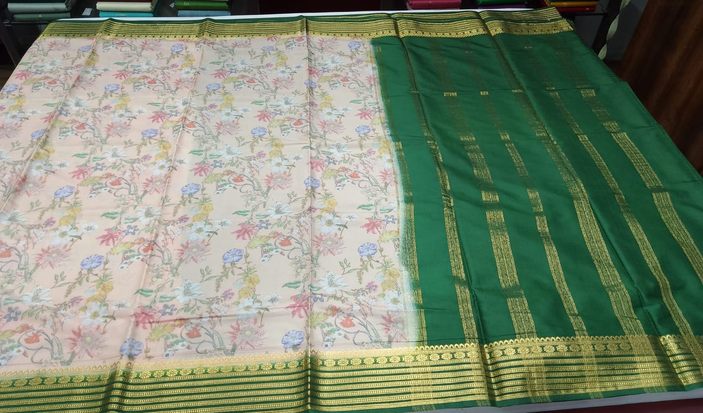 Mysore Silk Kalamkari Saree in Cream with Green Zari Pallu