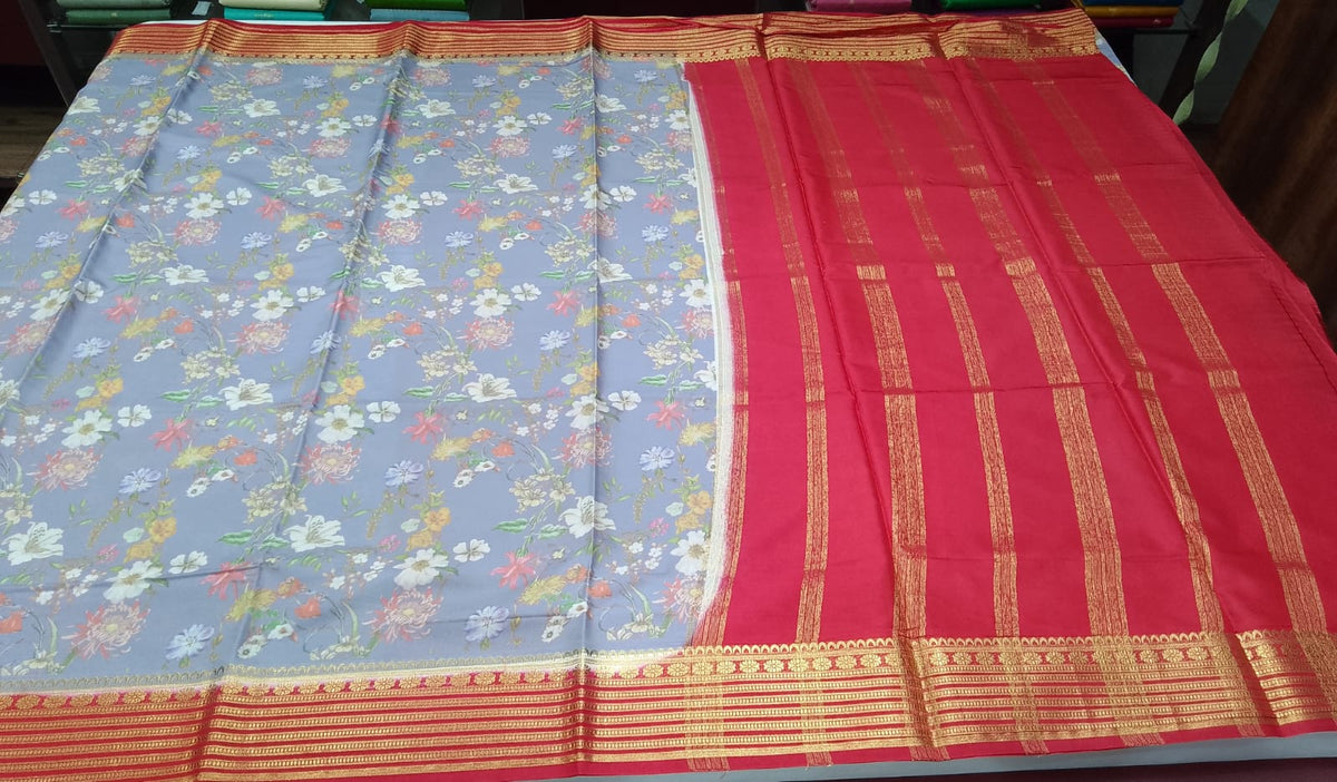 Mysore Silk Kalamkari Saree in Pastel Blue with Red Zari Border