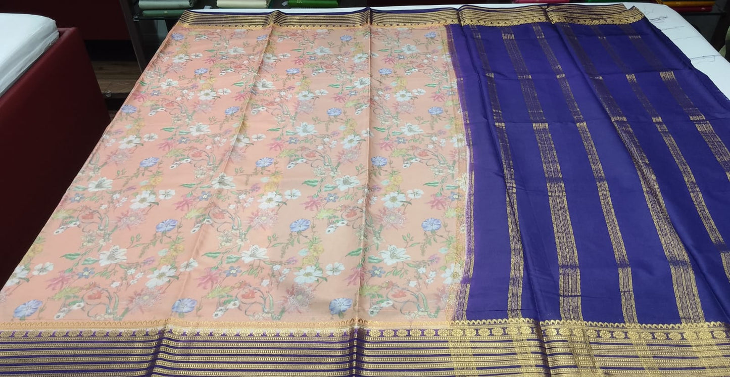Mysore Silk Kalamkari Saree in Peach with Royal Blue Pallu & Gold Border
